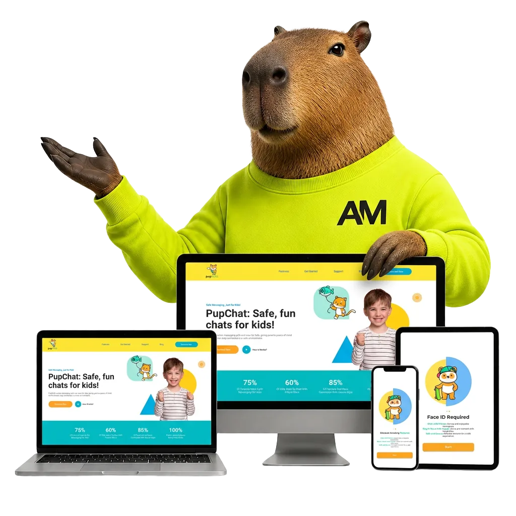 Capybara in lime Alina Makovei merch presenting the real Pup Chat website and app screens across desktop, laptop, tablet and phone