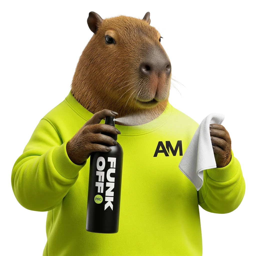 Capybara in lime Alina Makovei merch using a Funk Off Pro bottle and cleaning cloth