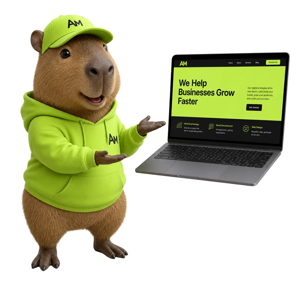 Capybara mascot in lime Alina Makovei merch presenting a website on a laptop