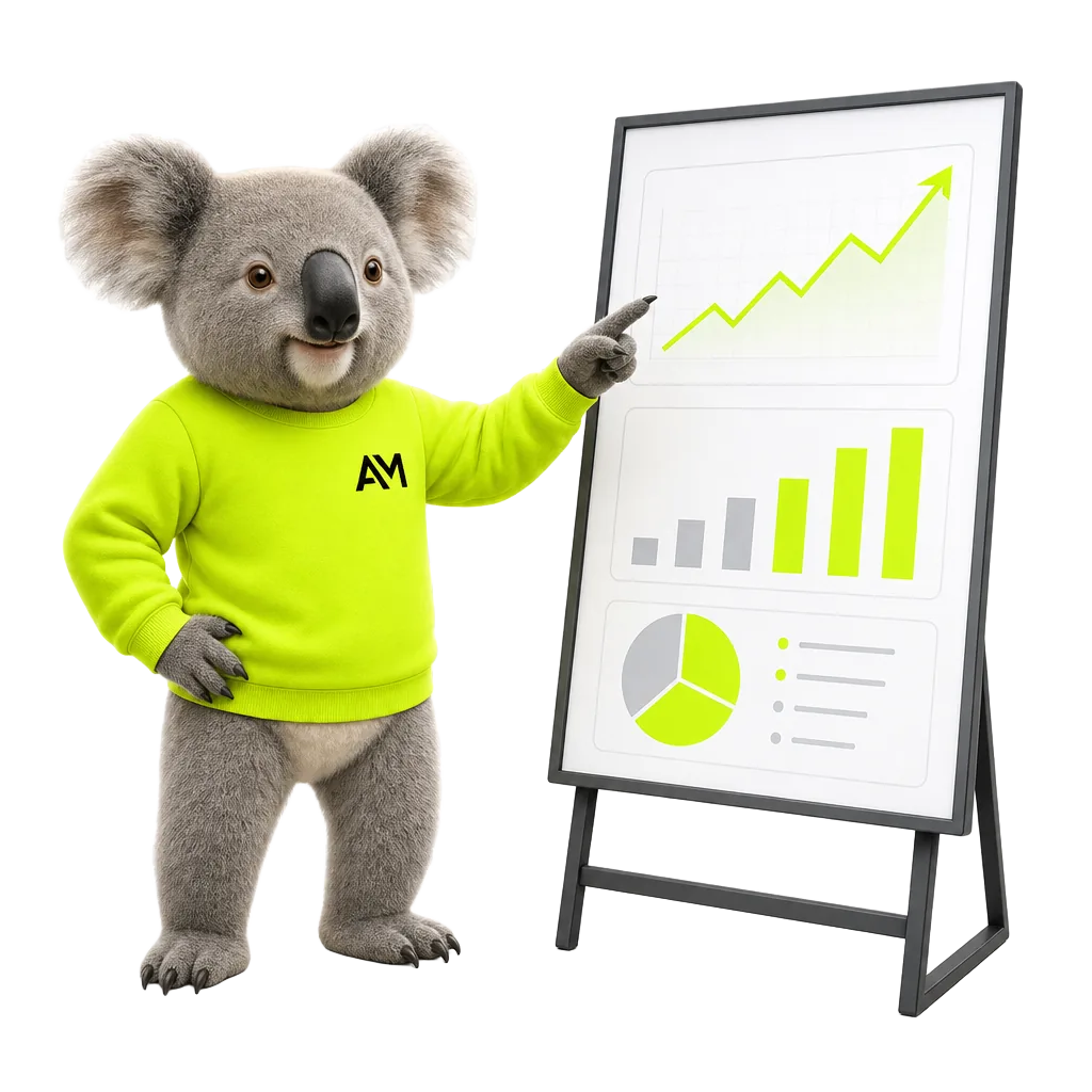 Koala in lime Alina Makovei merch presenting the project analytics