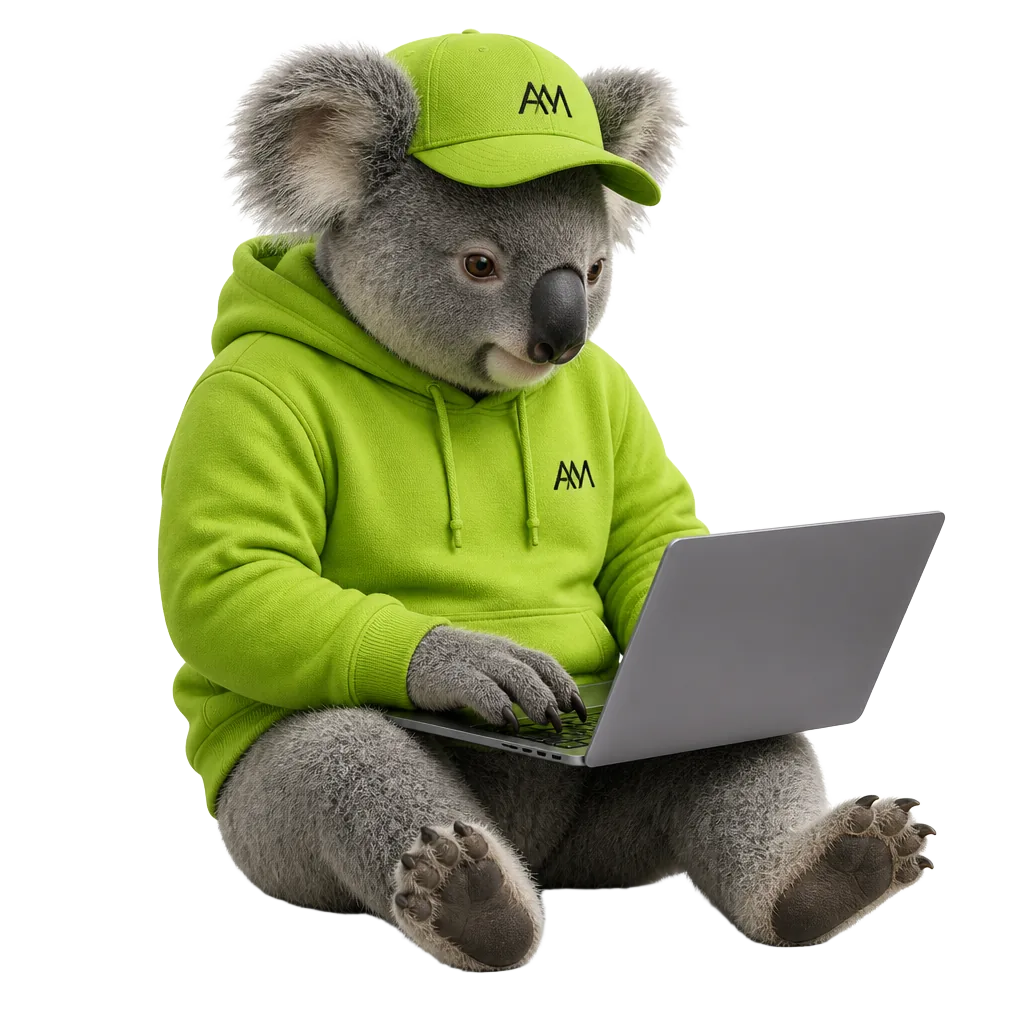 Koala developer in lime Alina Makovei merch coding on a laptop