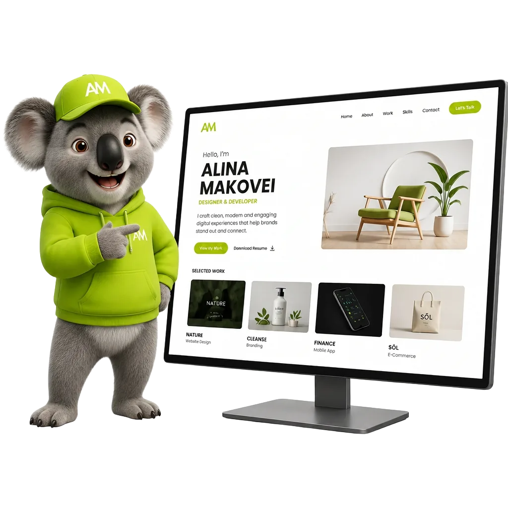 Koala mascot in lime Alina Makovei merch pointing at a monitor showing a finished website
