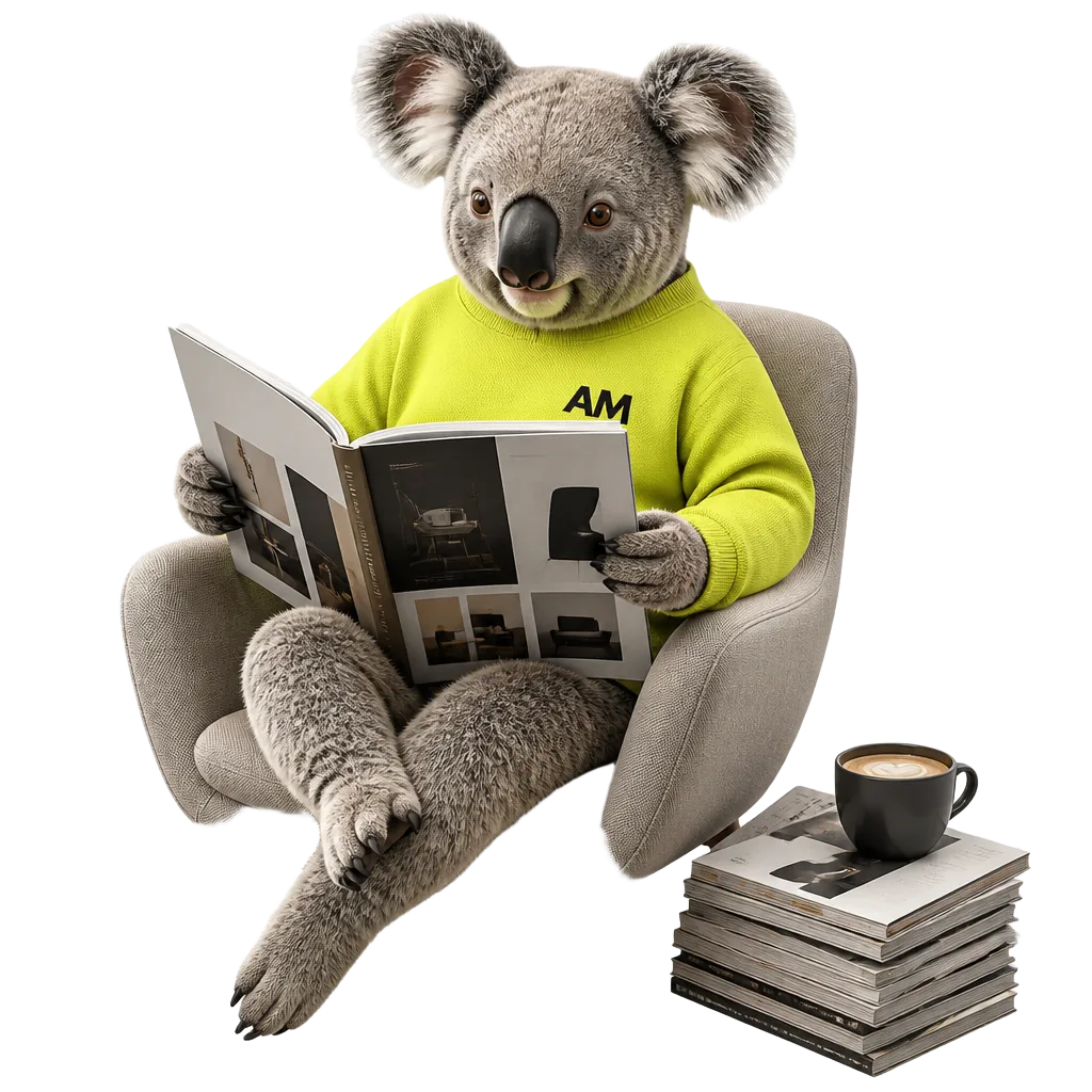 Koala in lime Alina Makovei merch reading a design journal