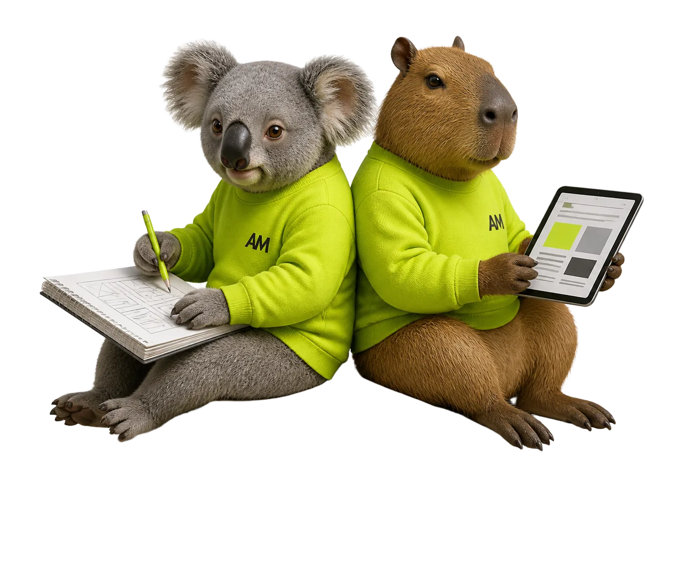 Kev the koala sketching website ideas while Cap the capybara reviews a tablet, both in lime AM sweatshirts